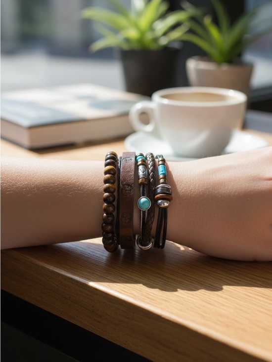 Jewelry - 8/5 Boho Multistrand Brown & Turquoise Leather Bracelet Stack